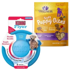 KONG||Wellness KONG Puppy Flyer Dog Toy, Color Varies + Wellness Soft Puppy Bites Lamb & Salmon Recipe Grain-Free Dog Treats, 3-oz pouch