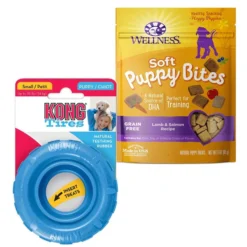 KONG||Wellness KONG Puppy Tires Dog Toy, Color Varies, Small + Wellness Soft Puppy Bites Lamb & Salmon Recipe Grain-Free Dog Treats, 3-oz pouch